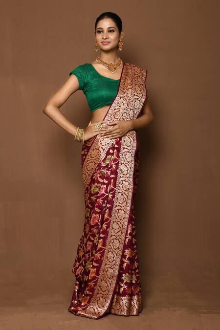 Buy_Samyukta Singhania_Pink Georgette, Silk Embroidery Floral Blossom Saree _Online_at_Aza_Fashions