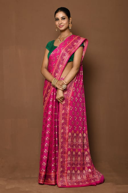 Shop_Samyukta Singhania_Pink Georgette Embroidery Woven Champa Pattern Saree _Online_at_Aza_Fashions