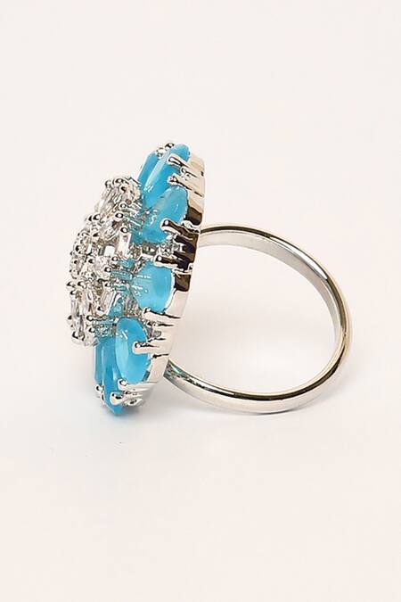 Nazaakat By Samara Singh_Sky Blue Stones Encrusted Floral Ring_Online_at_Aza_Fashions