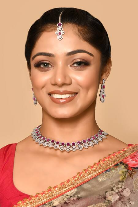 Nazaakat By Samara Singh_Pink Stone Embellished Angular Cut Work Necklace Set_at_Aza_Fashions