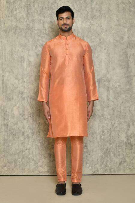 Naintara Bajaj_Peach Cotton Silk Kurta And Churidar Set _at_Aza_Fashions