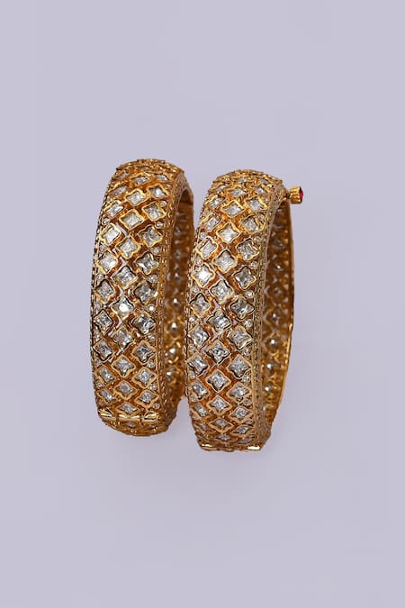 Zevar By Geeta_Gold Plated Imitation Diamonds Quatrefoil Cut Work Kada - Set Of 2 _Online_at_Aza_Fashions