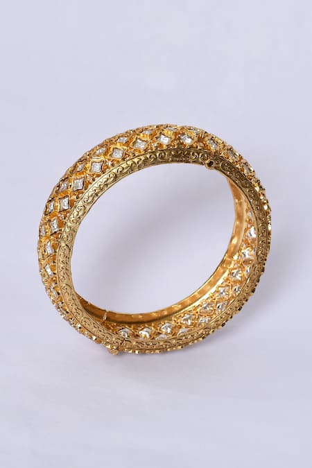 Buy_Zevar By Geeta_Gold Plated Imitation Diamonds Quatrefoil Cut Work Kada - Set Of 2 _Online_at_Aza_Fashions