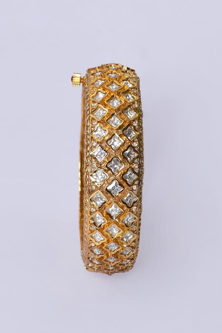 Shop_Zevar By Geeta_Gold Plated Imitation Diamonds Quatrefoil Cut Work Kada - Set Of 2 _Online_at_Aza_Fashions