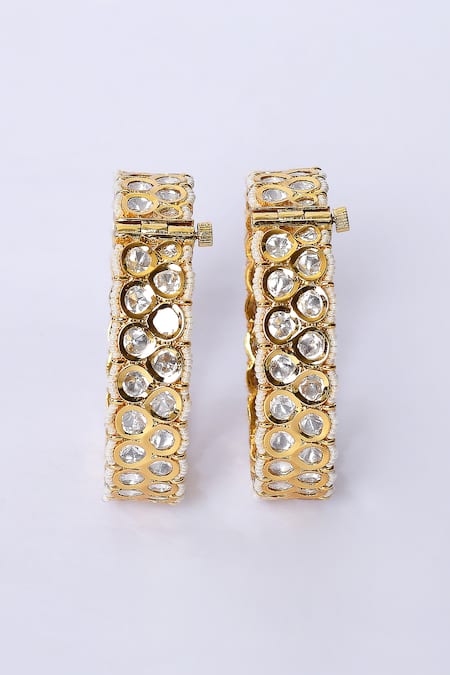 Zevar By Geeta_Gold Plated Diamonds, Pearls Kundan And Embellished Kada - Set Of 2_Online_at_Aza_Fashions