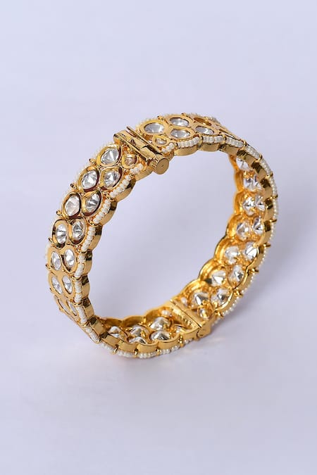 Shop_Zevar By Geeta_Gold Plated Diamonds, Pearls Kundan And Embellished Kada - Set Of 2_Online_at_Aza_Fashions