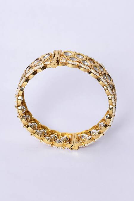 Zevar By Geeta_Gold Plated Diamonds, Pearls Kundan And Embellished Kada - Set Of 2_at_Aza_Fashions