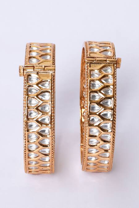 Zevar By Geeta_Gold Plated Diamonds, Stones Cut Work Kundan Embellished Bangles - Set Of 2 _Online_at_Aza_Fashions