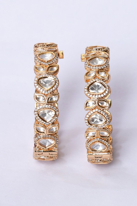 Zevar By Geeta_Gold Plated Diamonds, Stones Jadau Kundan And Polki Kada - Set Of 2 _Online_at_Aza_Fashions