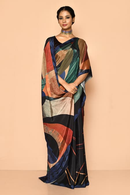 Buy Khwaab By Sanjana Lakhani Black Crepe Embroidery Round Neck Printed Abstract Pattern Saree Online at Aza Fashions Buy_Khwaab By Sanjana Lakhani_Black Crepe Embroidery Round Neck Printed Abstract Pattern Saree_Online_at_Aza_Fashions