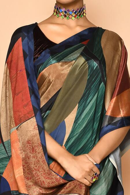 Shop Khwaab By Sanjana Lakhani Black Crepe Embroidery Round Neck Printed Abstract Pattern Saree Online at Aza Fashions Shop_Khwaab By Sanjana Lakhani_Black Crepe Embroidery Round Neck Printed Abstract Pattern Saree_Online_at_Aza_Fashions