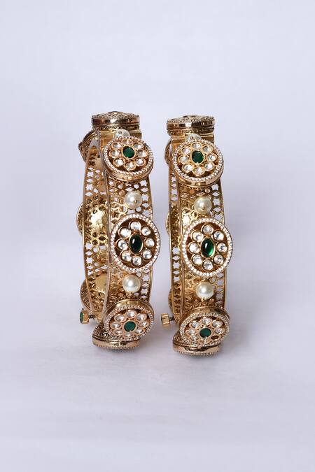 Zevar By Geeta_Gold Plated Pearls, Crystals Kundan Brass And Embellished Kada - Set Of 2 _Online_at_Aza_Fashions
