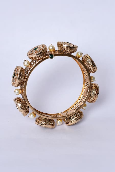 Shop_Zevar By Geeta_Gold Plated Pearls, Crystals Kundan Brass And Embellished Kada - Set Of 2 _Online_at_Aza_Fashions