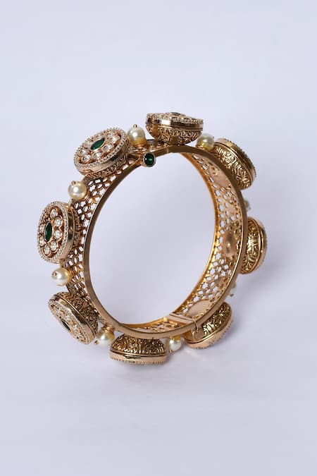 Zevar By Geeta_Gold Plated Pearls, Crystals Kundan Brass And Embellished Kada - Set Of 2 _at_Aza_Fashions