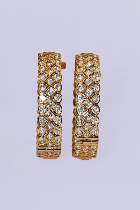 Zevar By Geeta_Gold Plated Crystals, Diamonds Jadau Kundan Polki Kada - Set Of 2 _Online_at_Aza_Fashions