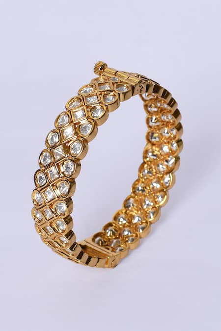 Shop_Zevar By Geeta_Gold Plated Crystals, Diamonds Jadau Kundan Polki Kada - Set Of 2 _Online_at_Aza_Fashions