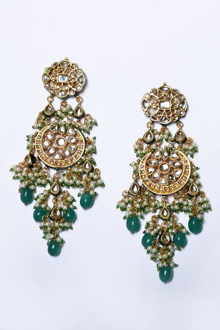 Zevar By Geeta_Gold Plated Pearls Kundan And Embellished Dangler Earrings _Online_at_Aza_Fashions