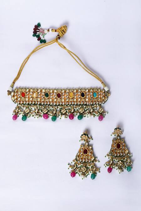 Buy_Zevar By Geeta_Gold Plated Stones, Pearls Kundan And Embellished Choker Necklace Set _Online_at_Aza_Fashions
