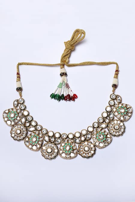 Zevar By Geeta_Gold Plated Stones, Diamonds Floral Kundan Embellished Necklace Set _Online_at_Aza_Fashions