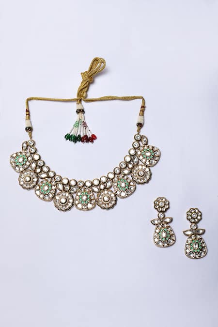Buy_Zevar By Geeta_Gold Plated Stones, Diamonds Floral Kundan Embellished Necklace Set _Online_at_Aza_Fashions