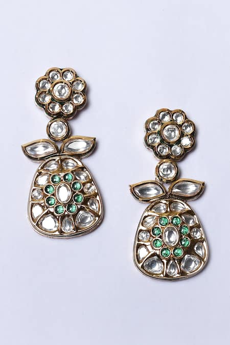 Shop_Zevar By Geeta_Gold Plated Stones, Diamonds Floral Kundan Embellished Necklace Set _Online_at_Aza_Fashions