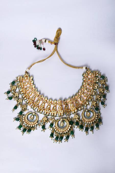 Zevar By Geeta_Gold Plated Stones, Pearls, Embroidery Kundan Embellished Necklace Set _Online_at_Aza_Fashions