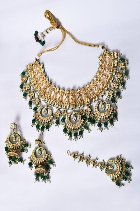 Buy_Zevar By Geeta_Gold Plated Stones, Pearls, Embroidery Kundan Embellished Necklace Set _Online_at_Aza_Fashions