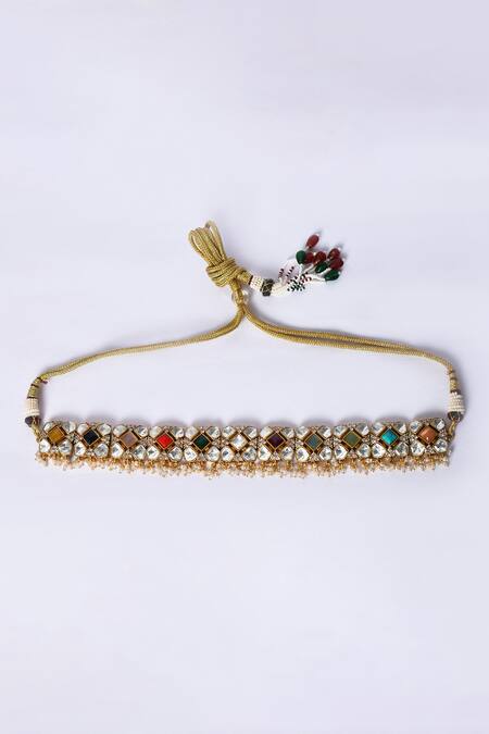 Zevar By Geeta_Multi Color Pearls Navratan Stone And Kundan Embellished Choker Necklace Set _Online_at_Aza_Fashions