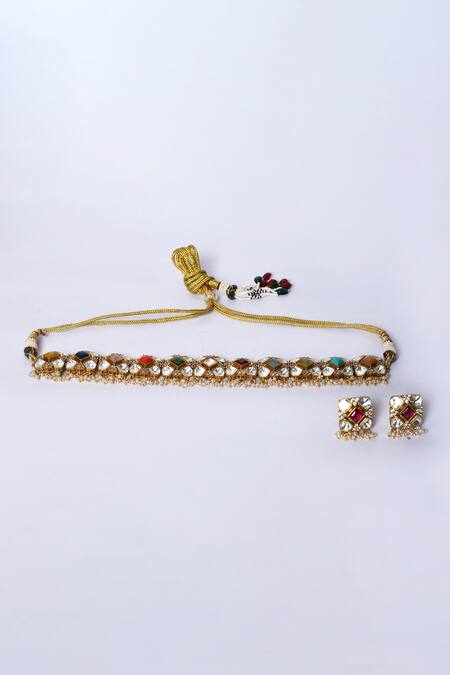 Buy_Zevar By Geeta_Multi Color Pearls Navratan Stone And Kundan Embellished Choker Necklace Set _Online_at_Aza_Fashions