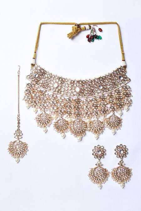 Zevar By Geeta_Gold Plated Pearls, Stones Crecent Moon And Floral Cut Work Jewellery Set _Online_at_Aza_Fashions
