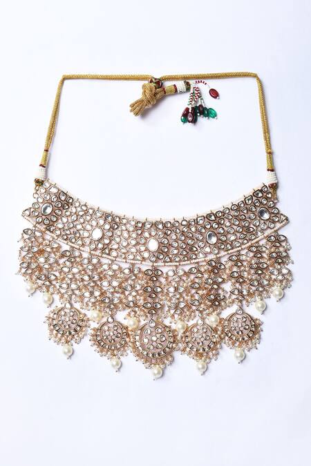 Buy_Zevar By Geeta_Gold Plated Pearls, Stones Crecent Moon And Floral Cut Work Jewellery Set _Online_at_Aza_Fashions