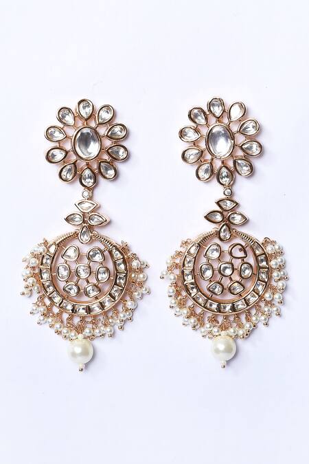 Shop_Zevar By Geeta_Gold Plated Pearls, Stones Crecent Moon And Floral Cut Work Jewellery Set _Online_at_Aza_Fashions