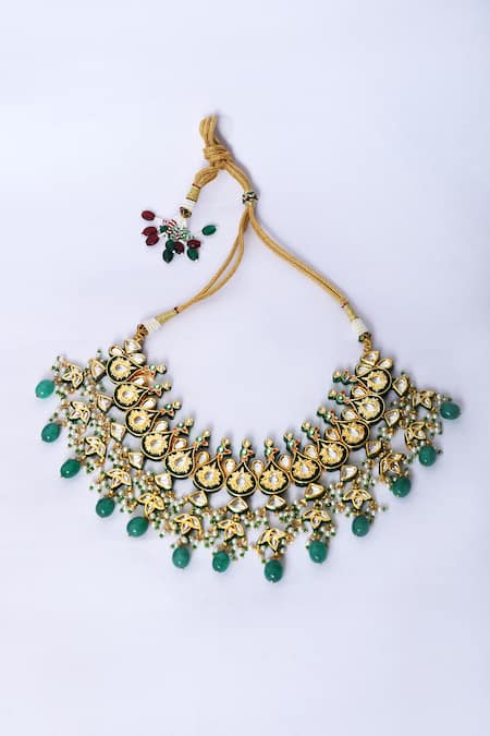 Zevar By Geeta_Gold Plated Stones, Pearls Mughal Pattern Kundan Embellished Necklace Set _Online_at_Aza_Fashions