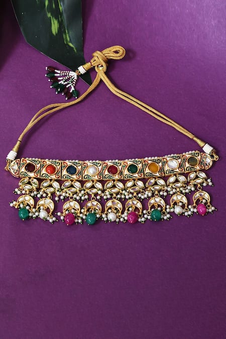 Zevar By Geeta_Multi Color Pearls, Gota Patti, Navratan And Kundan Embellished Necklace Set _Online_at_Aza_Fashions