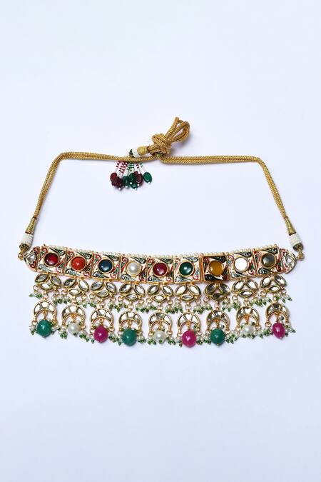 Buy_Zevar By Geeta_Multi Color Pearls, Gota Patti, Navratan And Kundan Embellished Necklace Set _Online_at_Aza_Fashions
