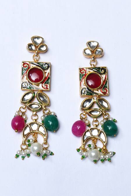 Shop_Zevar By Geeta_Multi Color Pearls, Gota Patti, Navratan And Kundan Embellished Necklace Set _Online_at_Aza_Fashions