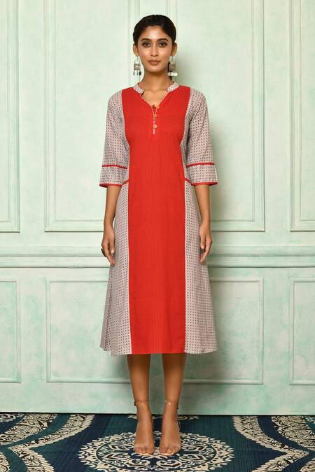 Aryavir Malhotra_Grey Cotton Collared Neck And Polka Dotted Long Tunic_Online_at_Aza_Fashions