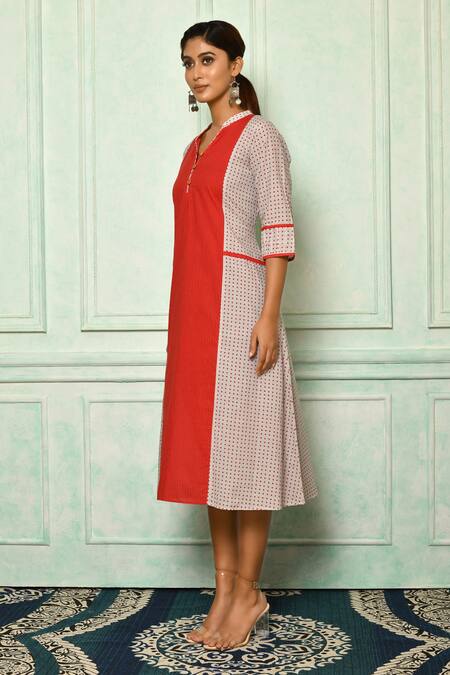 Shop_Aryavir Malhotra_Grey Cotton Collared Neck And Polka Dotted Long Tunic_Online_at_Aza_Fashions