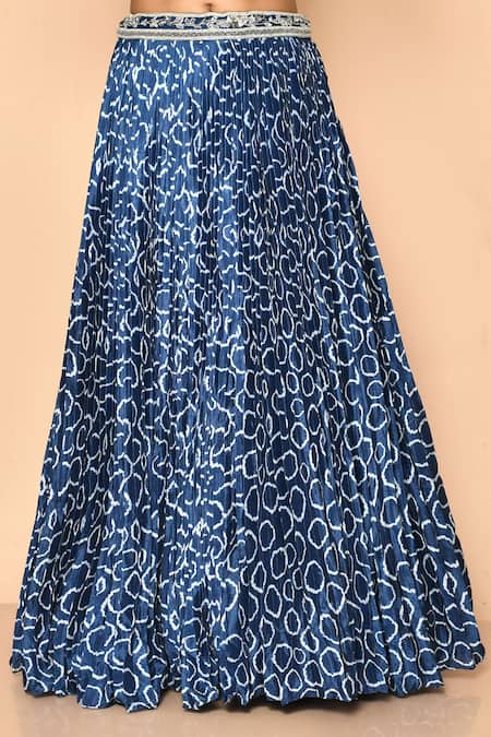 Naintara Bajaj_Blue Satin, Georgette Mirrors, Sequins Round Printed Geometrical Lehenga Set_Online_at_Aza_Fashions