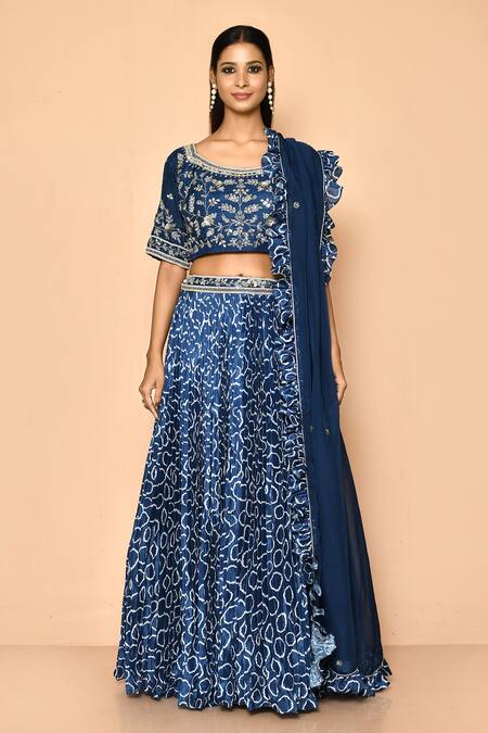 Buy_Naintara Bajaj_Blue Satin, Georgette Mirrors, Sequins Round Printed Geometrical Lehenga Set_Online_at_Aza_Fashions