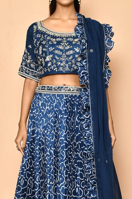 Shop_Naintara Bajaj_Blue Satin, Georgette Mirrors, Sequins Round Printed Geometrical Lehenga Set_Online_at_Aza_Fashions