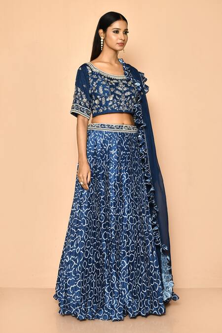 Naintara Bajaj_Blue Satin, Georgette Mirrors, Sequins Round Printed Geometrical Lehenga Set_at_Aza_Fashions