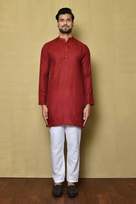 Nayantara Couture Red Cotton, Silk Mandarin Collar Short Kurta Online at Aza Fashions Nayantara Couture_Red Cotton, Silk Mandarin Collar Short Kurta_Online_at_Aza_Fashions