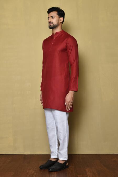 Shop Nayantara Couture Red Cotton, Silk Mandarin Collar Short Kurta Online at Aza Fashions Shop_Nayantara Couture_Red Cotton, Silk Mandarin Collar Short Kurta_Online_at_Aza_Fashions