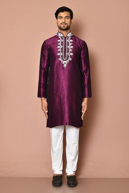 Samyukta Singhania_Purple Cotton Embroidery Full Sleeve Kurta Set _Online_at_Aza_Fashions