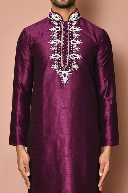Buy_Samyukta Singhania_Purple Cotton Embroidery Full Sleeve Kurta Set _Online_at_Aza_Fashions