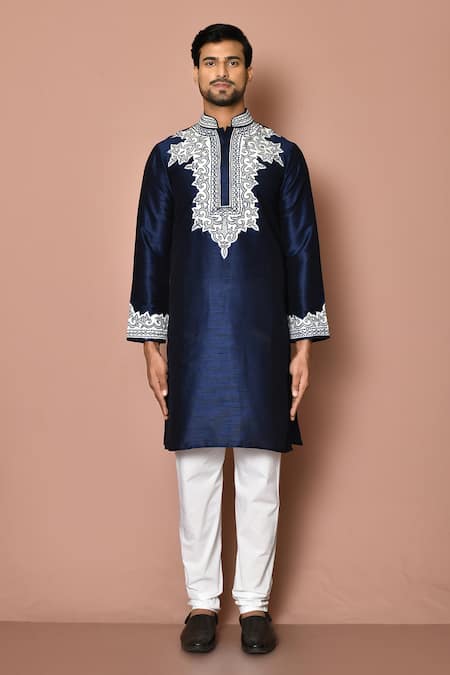 Arihant Rai Sinha_Navy Dupion, Cotton Embroidery Paisley Kurta Set _Online_at_Aza_Fashions