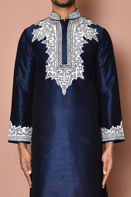 Buy_Arihant Rai Sinha_Navy Dupion, Cotton Embroidery Paisley Kurta Set _Online_at_Aza_Fashions