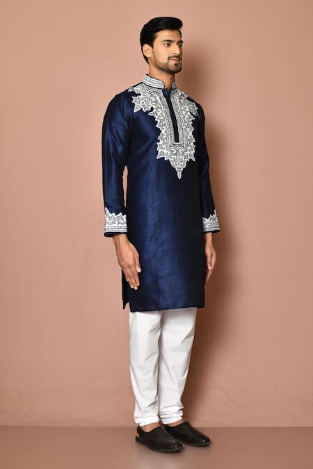 Shop_Arihant Rai Sinha_Navy Dupion, Cotton Embroidery Paisley Kurta Set _Online_at_Aza_Fashions