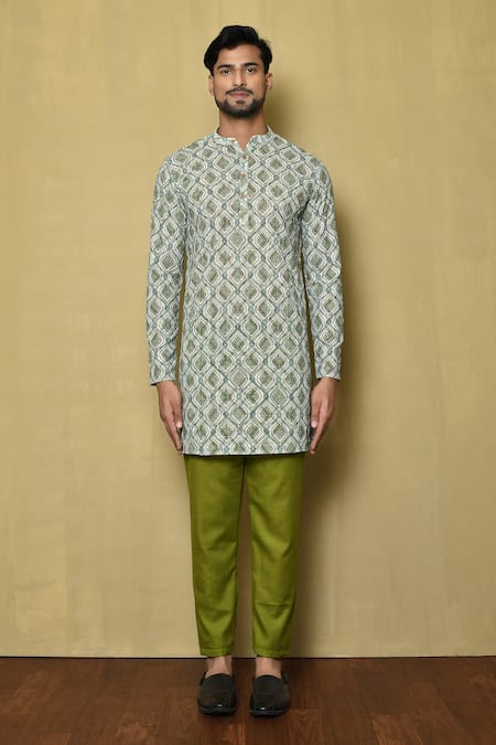 Shop_Arihant Rai Sinha_Multi Color Viscose Embroidery Mughal Pattern Kurta And Green Pant Set _Online_at_Aza_Fashions
